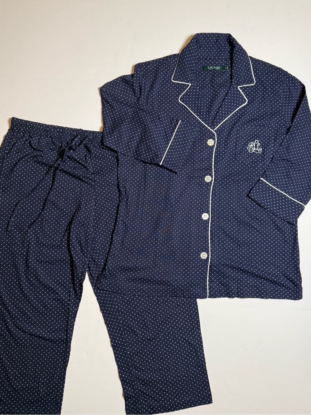 NWOT Lauren Ralph Lauren Womens 2-Piece Capri Pajama Set Polka Dot Navy Cotton M